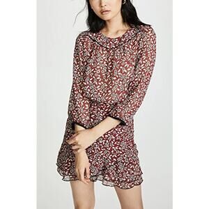 NWT BA&SH Sz 0 Billie Ruched Ruffle Floral Mini Dress in Burgundy Bordeaux